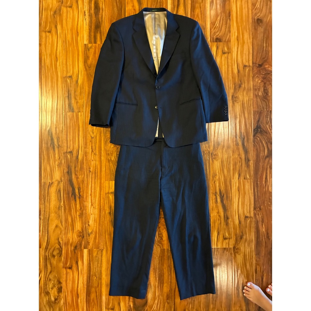Palm Beach Mens Navy Blue Pinstripe Worsted Wool Suit 42S Vintage Y2K 2000s